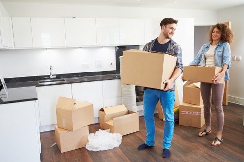 Finished moving day with boxes arranged in a new home